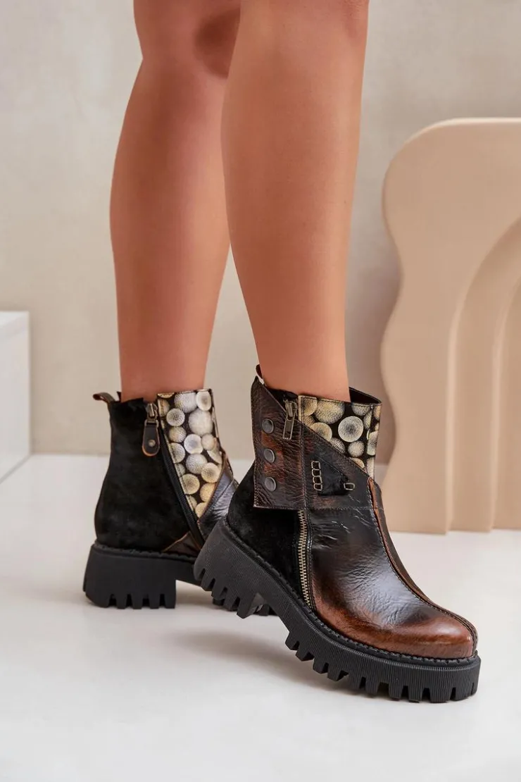 Maciejka Skórzane Ocieplane Botki Na Platformie I Płaskim Obcasie 06140-25 Złoto-Czarne