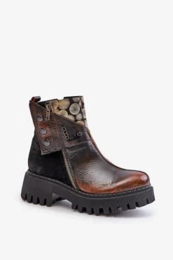 Maciejka Skórzane Ocieplane Botki Na Platformie I Płaskim Obcasie 06140-25 Złoto-Czarne