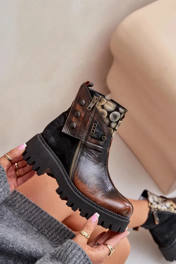 Maciejka Skórzane Ocieplane Botki Na Platformie I Płaskim Obcasie 06140-25 Złoto-Czarne