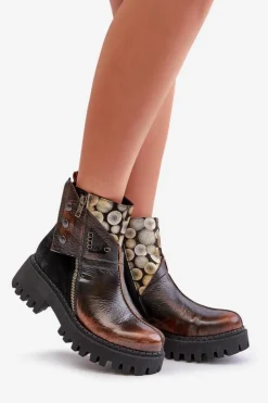 Maciejka Skórzane Ocieplane Botki Na Platformie I Płaskim Obcasie 06140-25 Złoto-Czarne