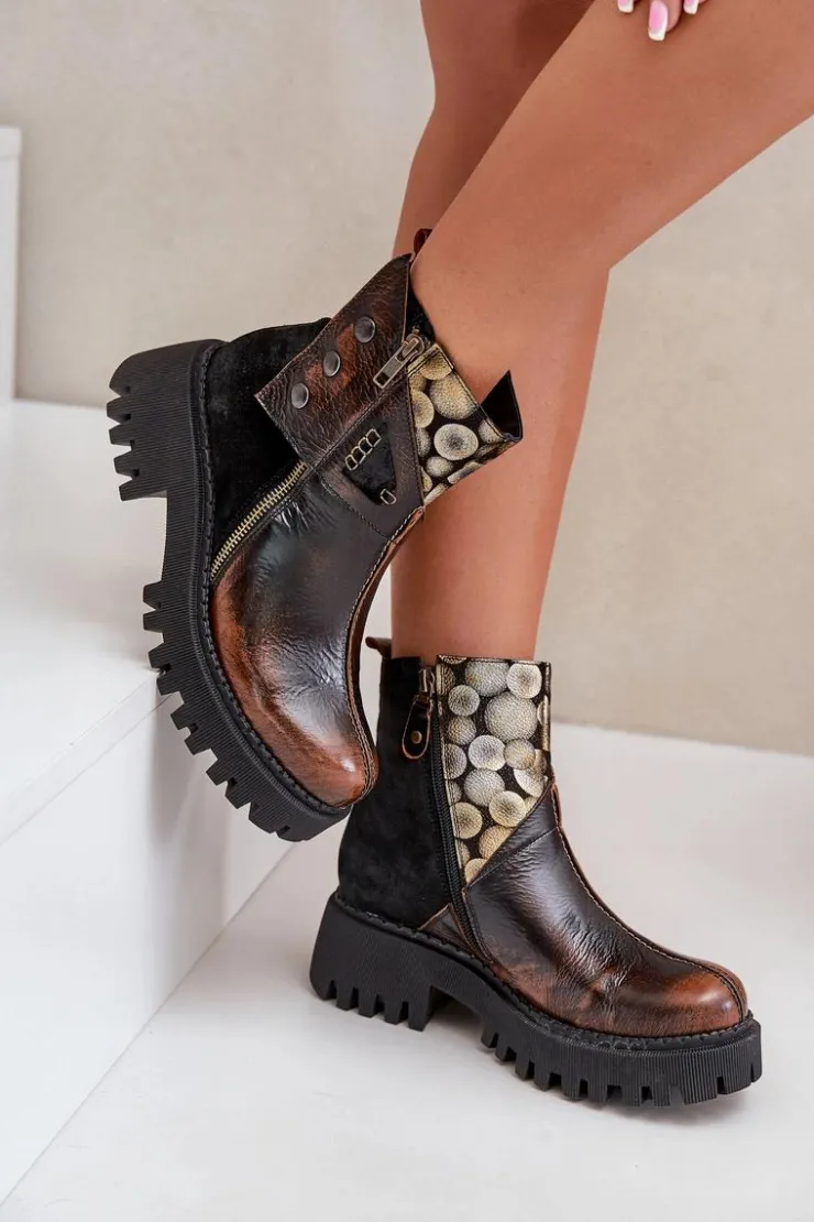 Maciejka Skórzane Ocieplane Botki Na Platformie I Płaskim Obcasie 06140-25 Złoto-Czarne