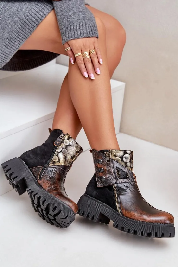 Maciejka Skórzane Ocieplane Botki Na Platformie I Płaskim Obcasie 06140-25 Złoto-Czarne