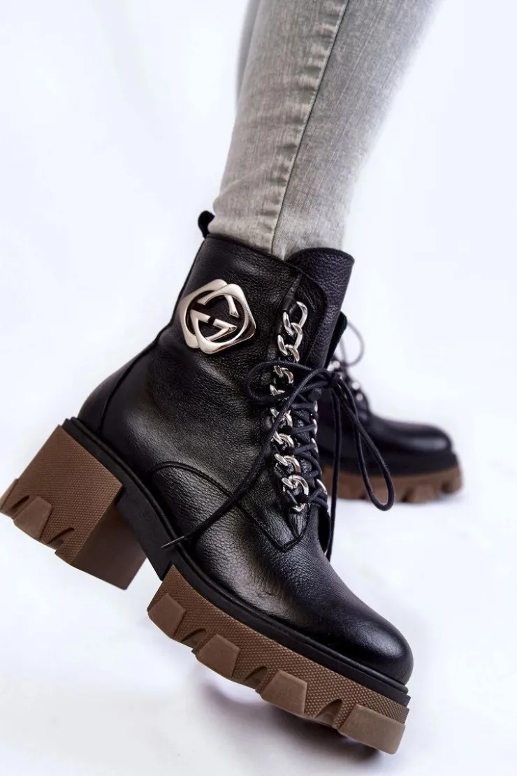 Boto Damskie Trapery|Botki Sznurowane*Skórzane Ocieplane Botki Na Suwak Czarne Lemar Raynes