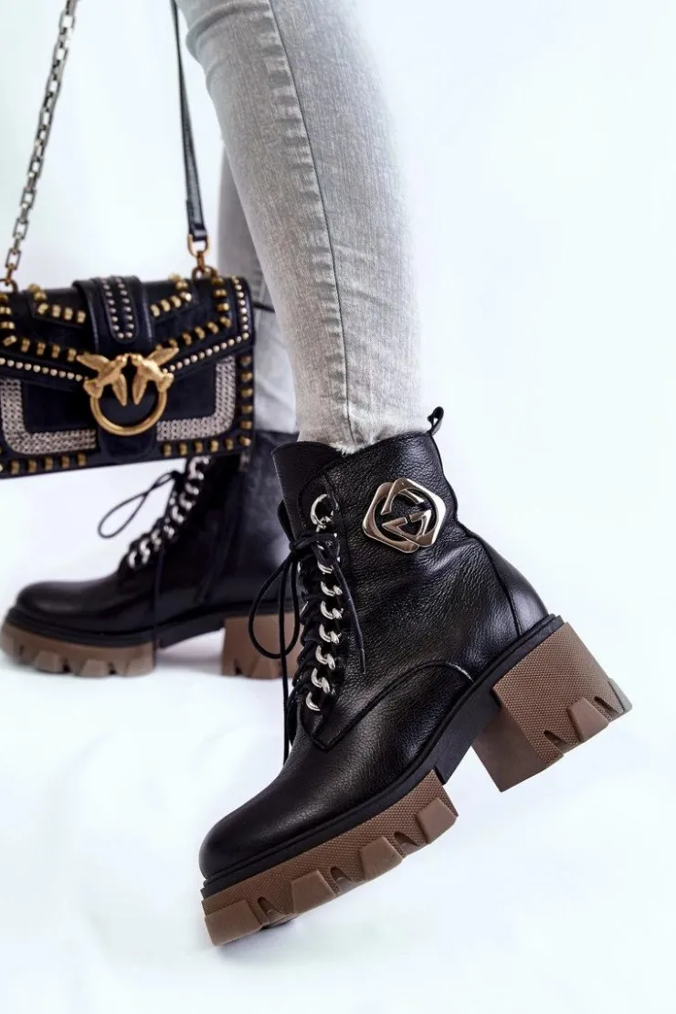 Boto Damskie Trapery|Botki Sznurowane*Skórzane Ocieplane Botki Na Suwak Czarne Lemar Raynes