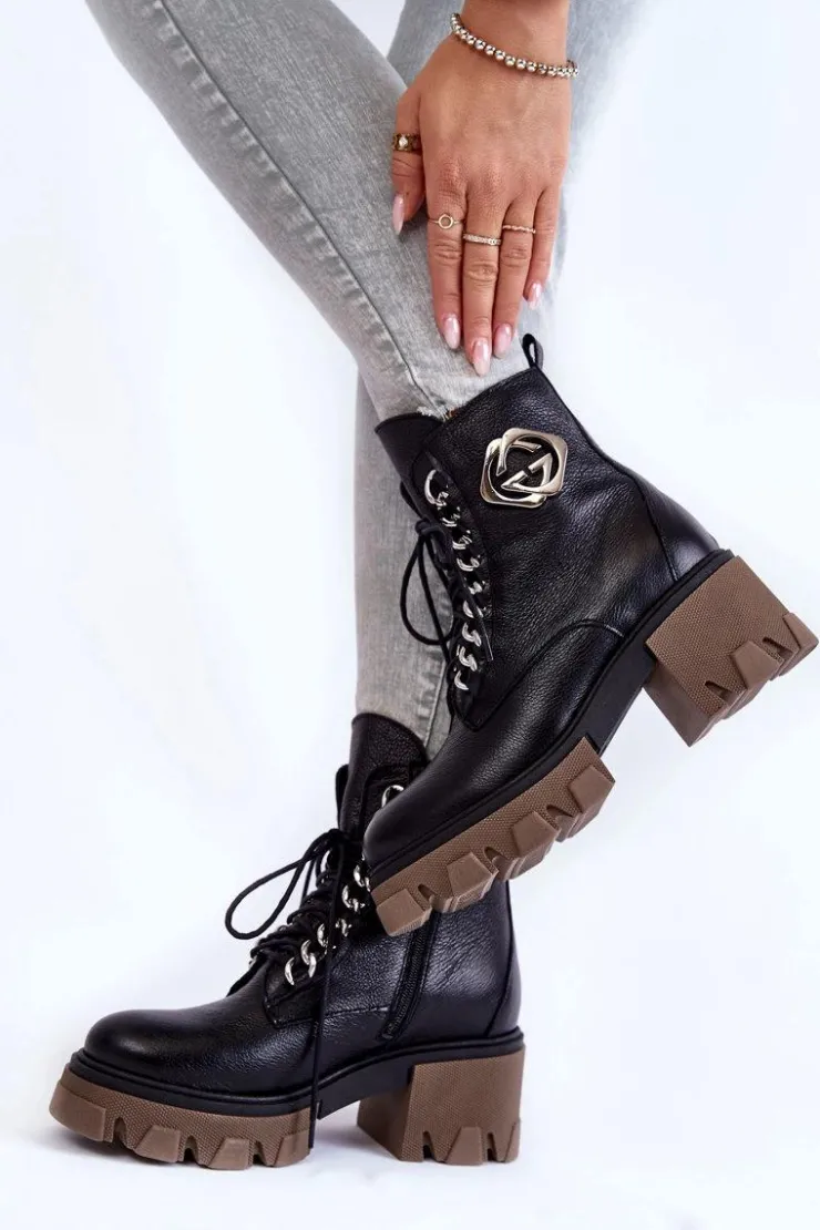 Boto Damskie Trapery|Botki Sznurowane*Skórzane Ocieplane Botki Na Suwak Czarne Lemar Raynes