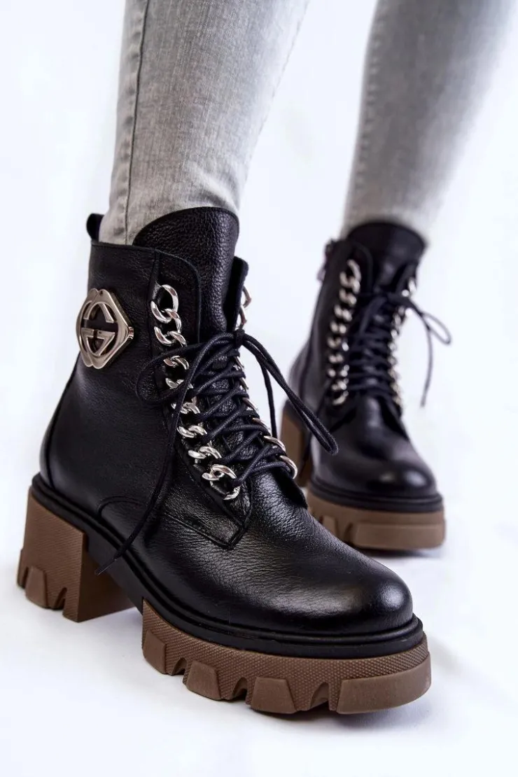 Boto Damskie Trapery|Botki Sznurowane*Skórzane Ocieplane Botki Na Suwak Czarne Lemar Raynes