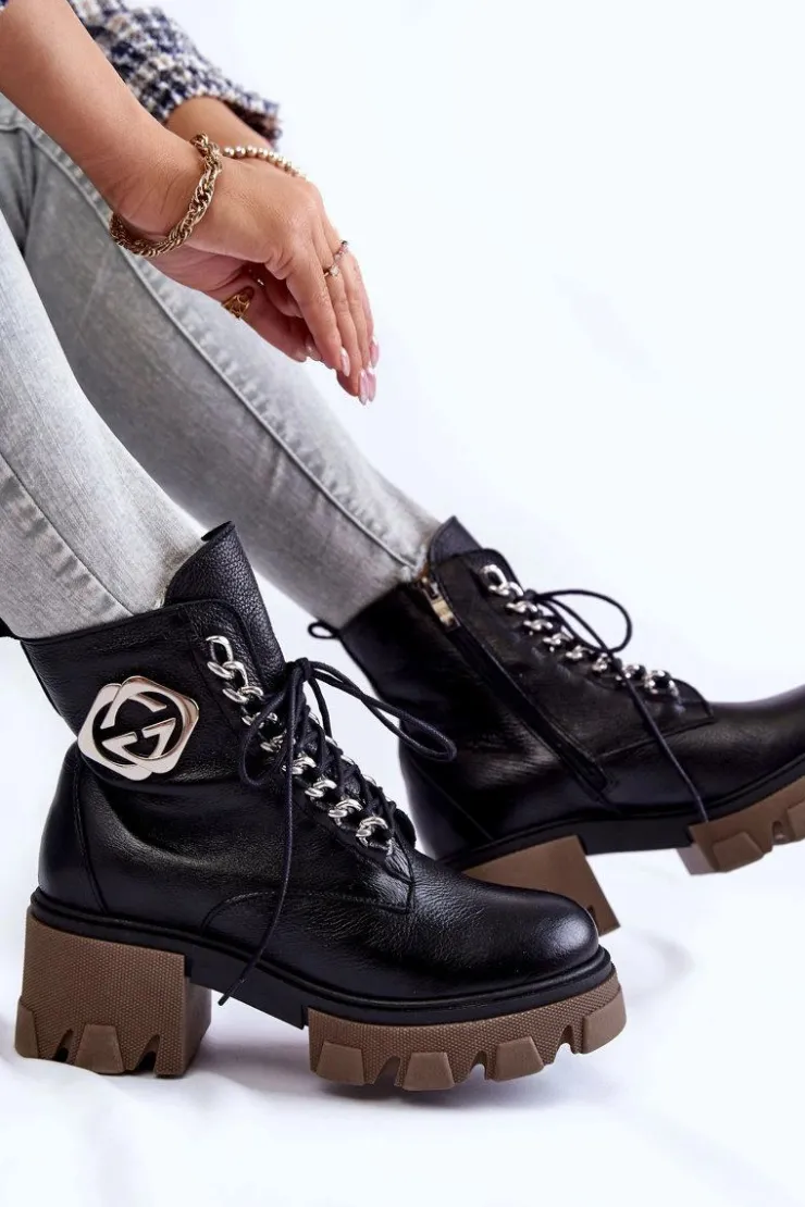 Boto Damskie Trapery|Botki Sznurowane*Skórzane Ocieplane Botki Na Suwak Czarne Lemar Raynes