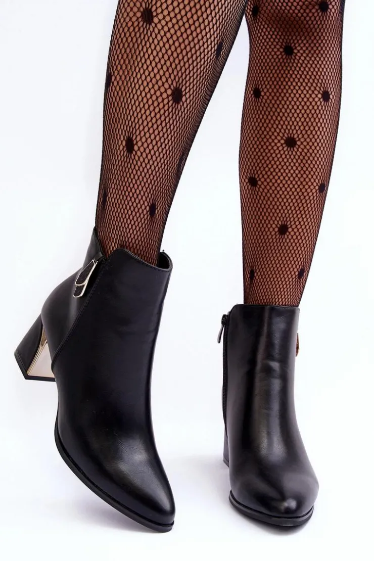 Boto Skórzane Ocieplane Botki Na Słupku Czarne Amanis