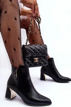 Boto Skórzane Ocieplane Botki Na Słupku Czarne Amanis