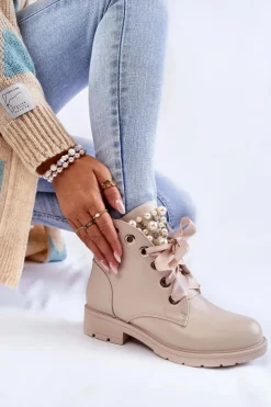 Outlet Boto Skórzane Ocieplane Botki Na Suwak Z Perłami Beżowe Raiso