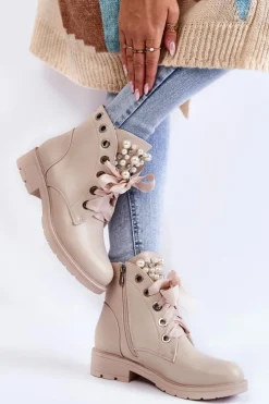 Outlet Boto Skórzane Ocieplane Botki Na Suwak Z Perłami Beżowe Raiso