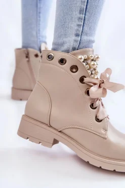 Outlet Boto Skórzane Ocieplane Botki Na Suwak Z Perłami Beżowe Raiso