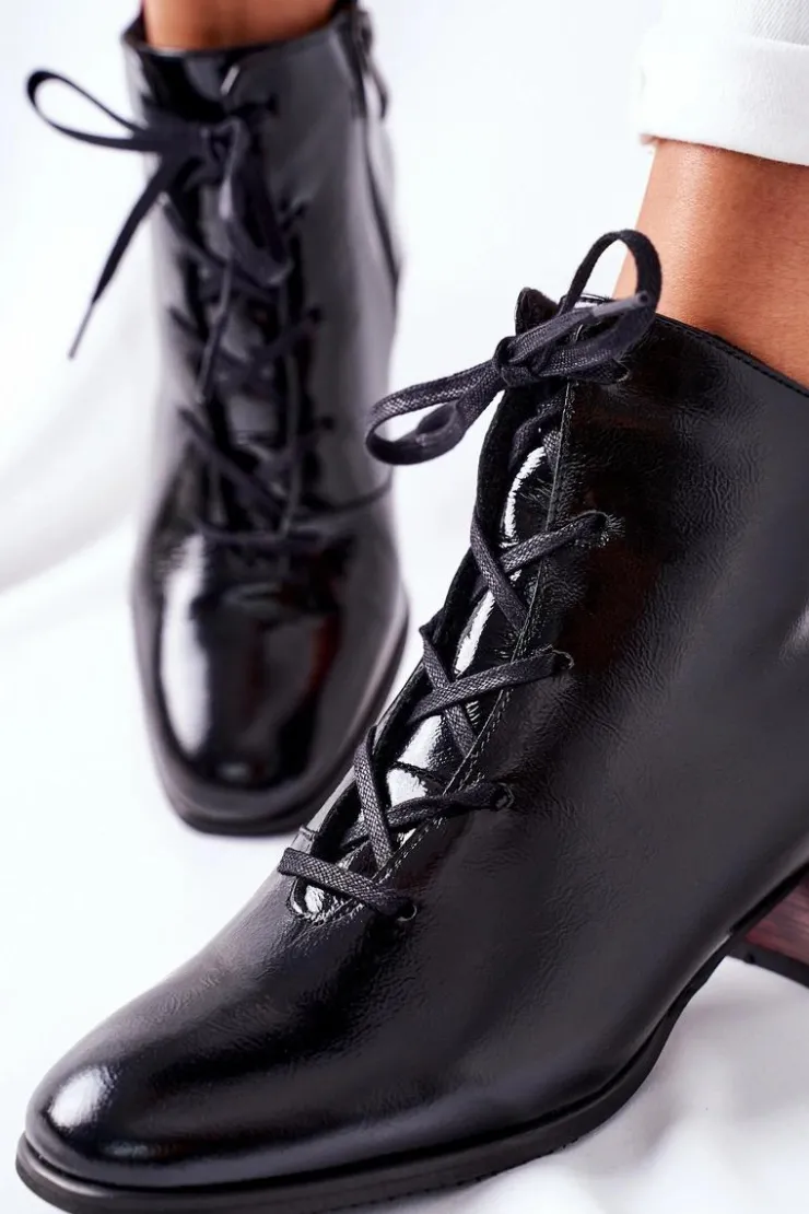 Laura Messi Botki Sznurowane|Botki Na Słupku*Skórzane Ocieplane Botki Na Obcasie Czarne 2202