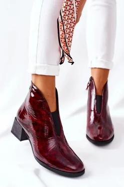 Maciejka Botki Maciejka|Botki Na Słupku*Skórzane Ocieplane Botki Na Obcasie 04777-23 Bordo