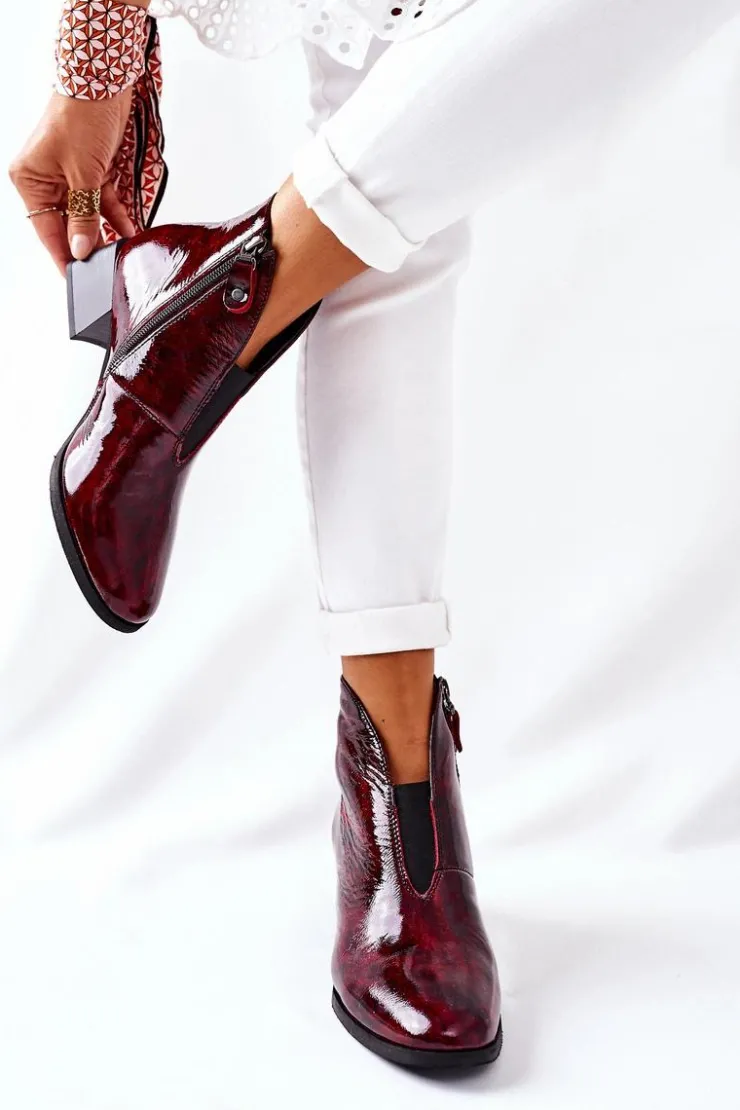 Maciejka Botki Maciejka|Botki Na Słupku*Skórzane Ocieplane Botki Na Obcasie 04777-23 Bordo