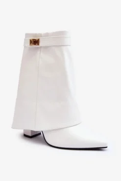 Damskie Boto Skórzane Ocieplane Botki Na Słupku Białe Chevie