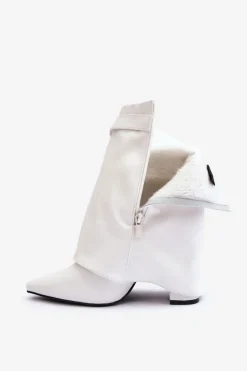 Damskie Boto Skórzane Ocieplane Botki Na Słupku Białe Chevie