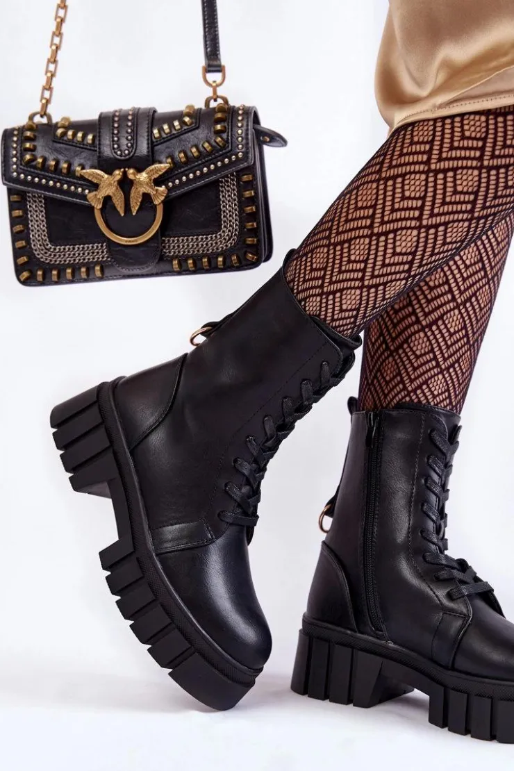 New Buty Sergio Leone Skórzane Ocieplane Botki Na Platformie Czarne Telisa