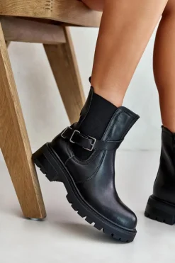 Buty Sergio Leone Botki Ocieplane|Botki Zimowe Damskie*Skórzane Ocieplane Botki Sztyblety Z Paskiem Sergio Leone TR719-S Czarne Czarny