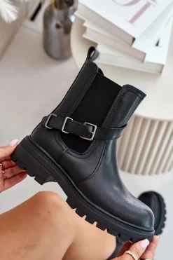 Buty Sergio Leone Botki Ocieplane|Botki Zimowe Damskie*Skórzane Ocieplane Botki Sztyblety Z Paskiem Sergio Leone TR719-S Czarne Czarny