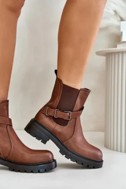 Buty Sergio Leone Botki Zimowe Damskie|Brązowe I Beżowe Botki*Skórzane Ocieplane Botki Sztyblety Z Paskiem Sergio Leone TR719-S Brązowe