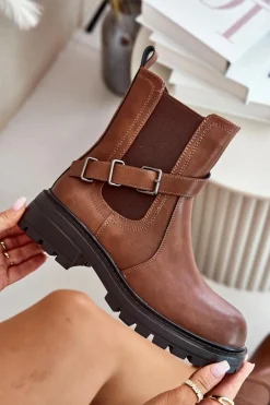 Buty Sergio Leone Botki Zimowe Damskie|Brązowe I Beżowe Botki*Skórzane Ocieplane Botki Sztyblety Z Paskiem Sergio Leone TR719-S Brązowe