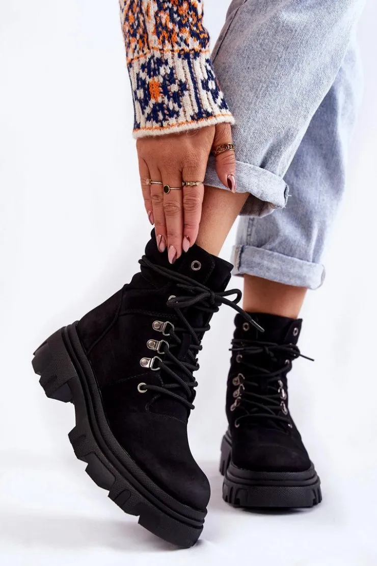Discount Evento Skórzane Ocieplane Botki Sznurowane Czarne Merisha