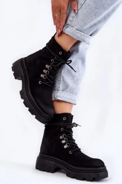 Discount Evento Skórzane Ocieplane Botki Sznurowane Czarne Merisha