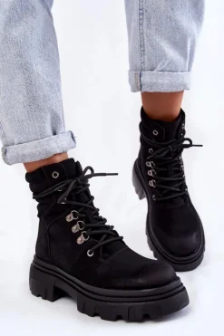 Discount Evento Skórzane Ocieplane Botki Sznurowane Czarne Merisha