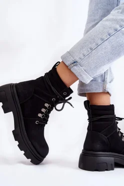 Discount Evento Skórzane Ocieplane Botki Sznurowane Czarne Merisha