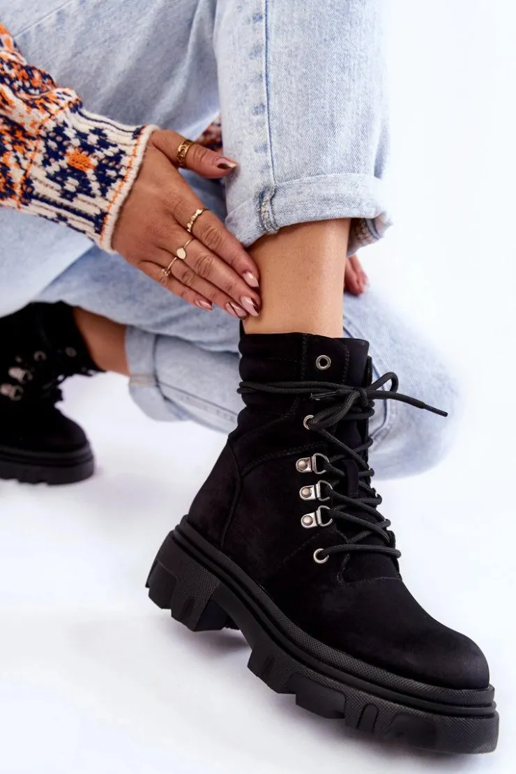 Discount Evento Skórzane Ocieplane Botki Sznurowane Czarne Merisha