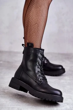 Sale Boto Skórzane Ocieplane Botki Sznurowane Czarne Ritta
