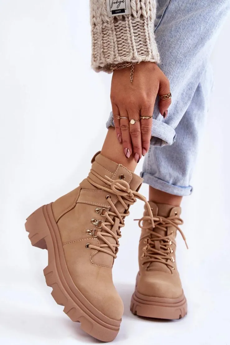 Damskie Evento Skórzane Ocieplane Botki Sznurowane Beżowe Merisha