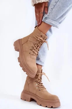 Damskie Evento Skórzane Ocieplane Botki Sznurowane Beżowe Merisha