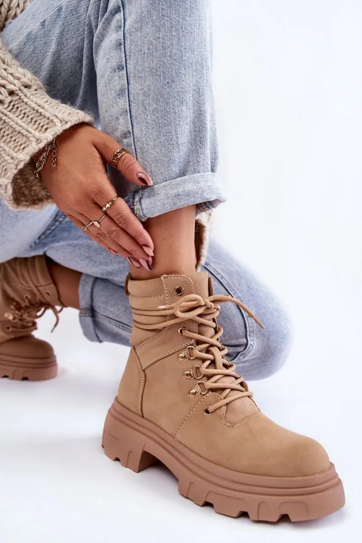 Damskie Evento Skórzane Ocieplane Botki Sznurowane Beżowe Merisha