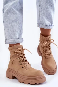 Damskie Evento Skórzane Ocieplane Botki Sznurowane Beżowe Merisha