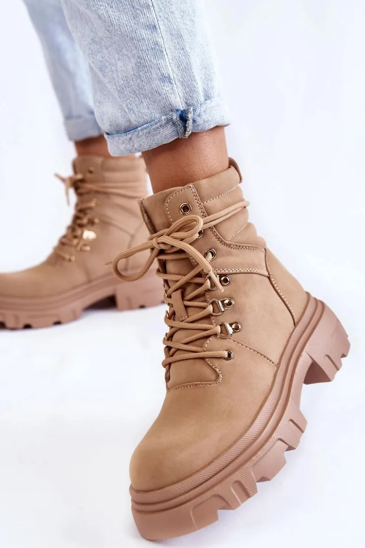 Damskie Evento Skórzane Ocieplane Botki Sznurowane Beżowe Merisha