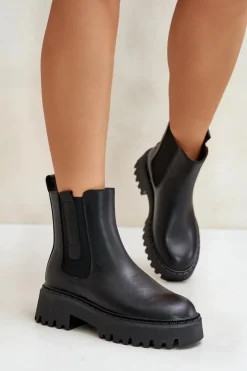 Damskie Big Star Shoes Skórzane Ocieplane Botki Sztyblety Damskie Big Star OO274A386 Czarne