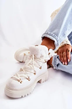Boto Damskie Trapery|Botki Sznurowane*Skórzane Ocieplane Botki Trapery Białe Arisa