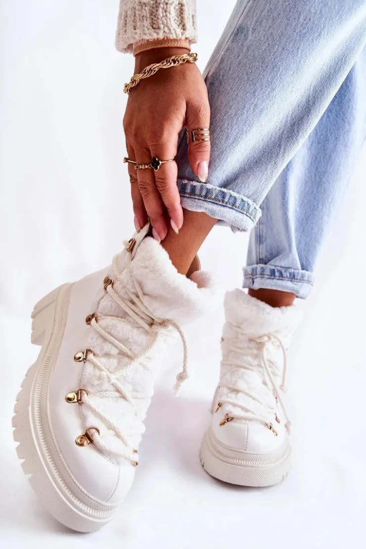 Boto Damskie Trapery|Botki Sznurowane*Skórzane Ocieplane Botki Trapery Białe Arisa