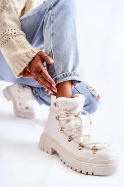 Boto Damskie Trapery|Botki Sznurowane*Skórzane Ocieplane Botki Trapery Białe Arisa