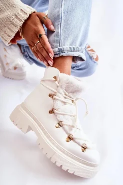 Boto Damskie Trapery|Botki Sznurowane*Skórzane Ocieplane Botki Trapery Białe Arisa