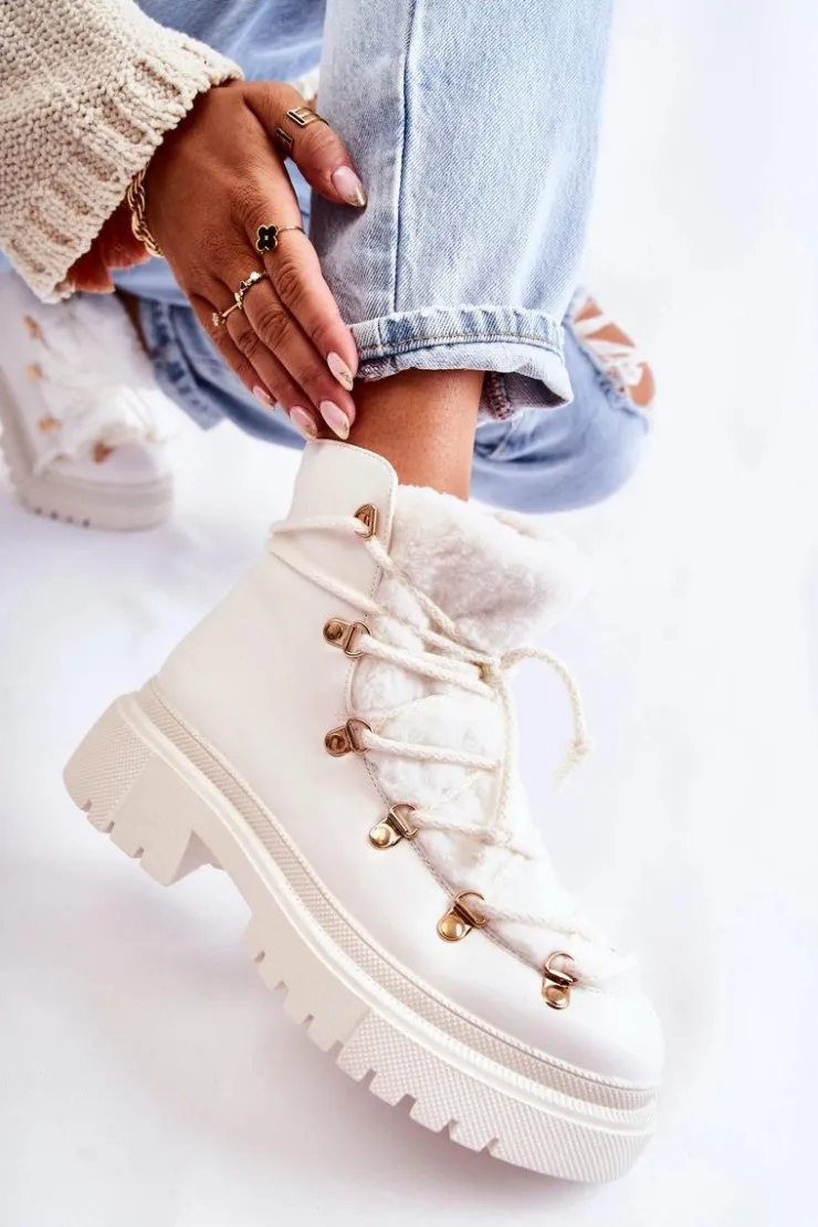 Boto Damskie Trapery|Botki Sznurowane*Skórzane Ocieplane Botki Trapery Białe Arisa