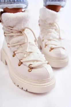 Boto Damskie Trapery|Botki Sznurowane*Skórzane Ocieplane Botki Trapery Białe Arisa
