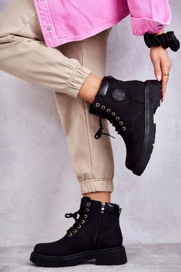 Online Evento Skórzane Ocieplane Botki Trapery Czarne Felizia