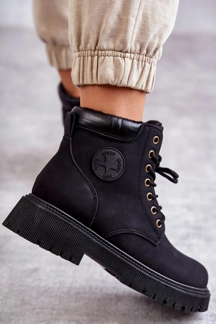 Online Evento Skórzane Ocieplane Botki Trapery Czarne Felizia