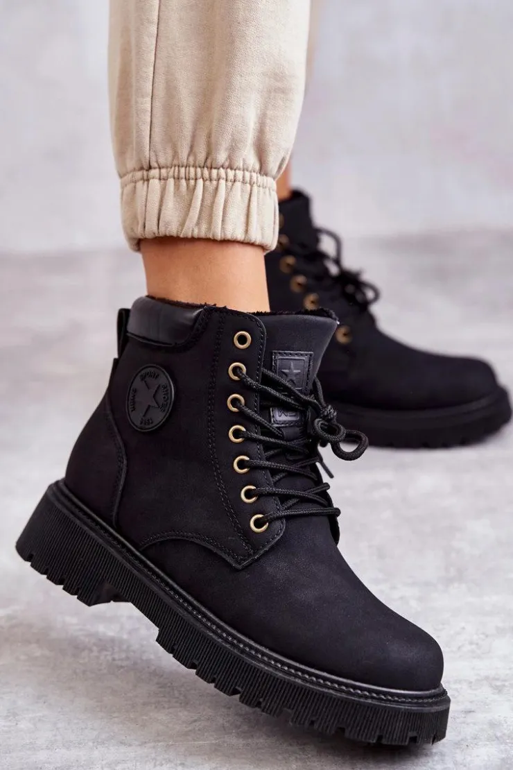 Online Evento Skórzane Ocieplane Botki Trapery Czarne Felizia