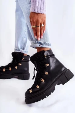 Damskie Boto Skórzane Ocieplane Botki Trapery Czarne Arisa