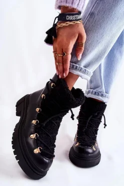 Damskie Boto Skórzane Ocieplane Botki Trapery Czarne Arisa