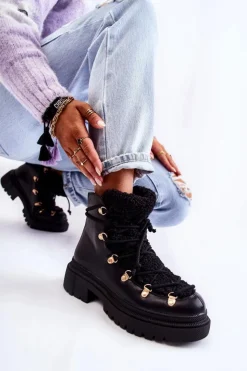 Damskie Boto Skórzane Ocieplane Botki Trapery Czarne Arisa